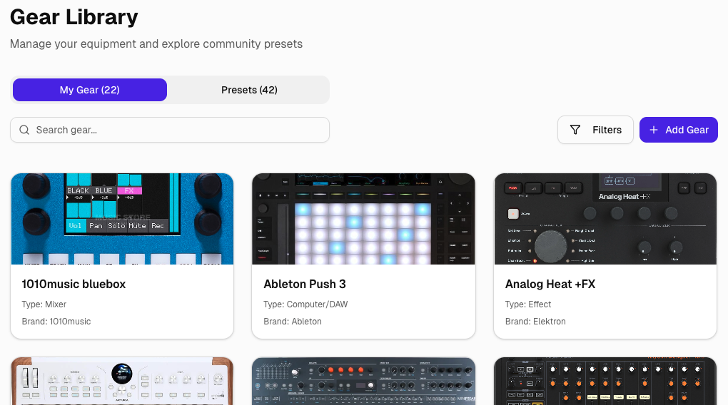 Studio Architect gear library with equipment cards, search, filters, and community presets